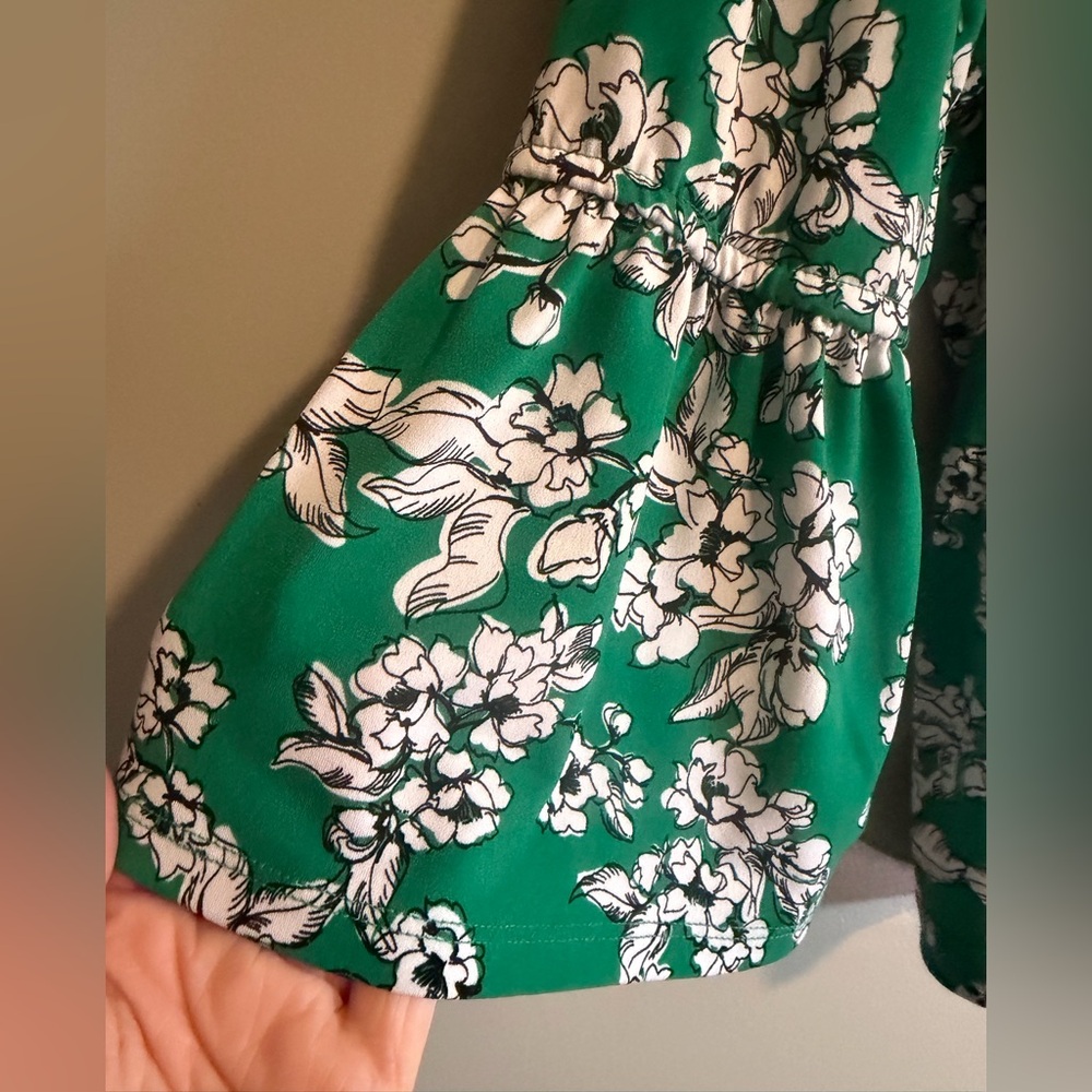 Liz Claiborne Emerald Green Floral Long Bell Sleeve Tunic peasant blouse size XL - Picture 5 of 8
